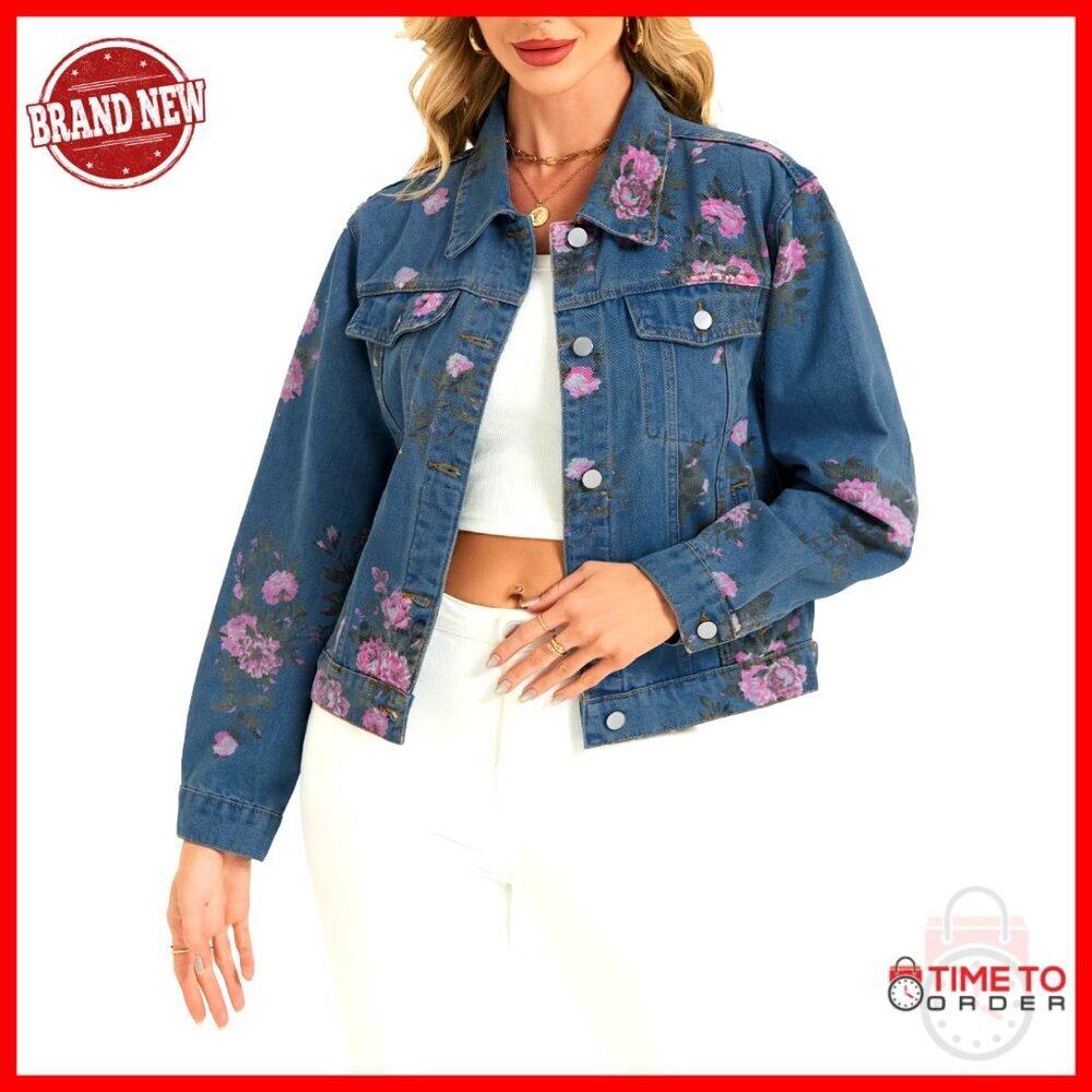 Floral Print Denim Jacket Cropped Button Up Western Y2K Chic Casual Outerwear